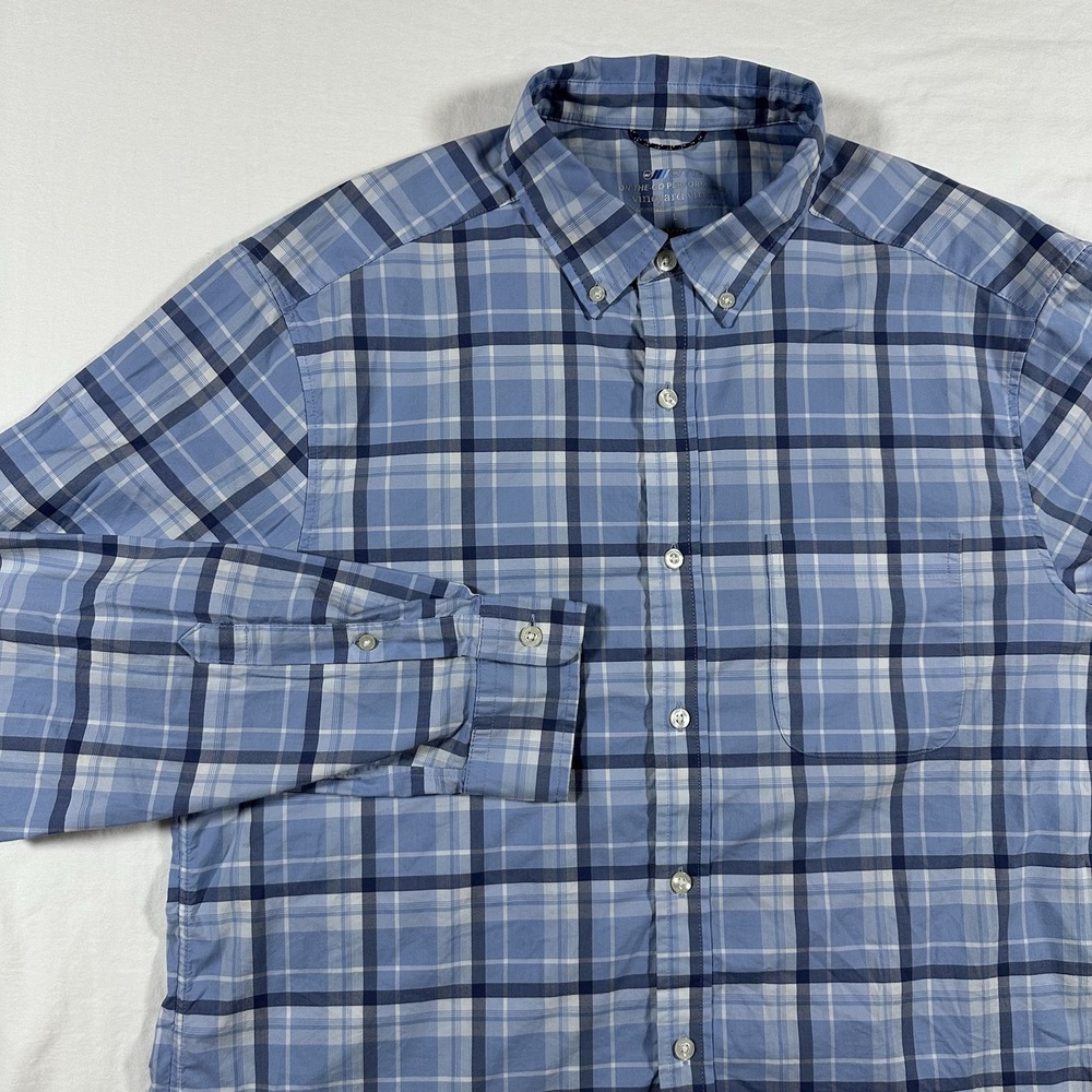 Vineyard Vines OTG‎ Performance Shirt Men L Blue White Plaid On The Go Stretch